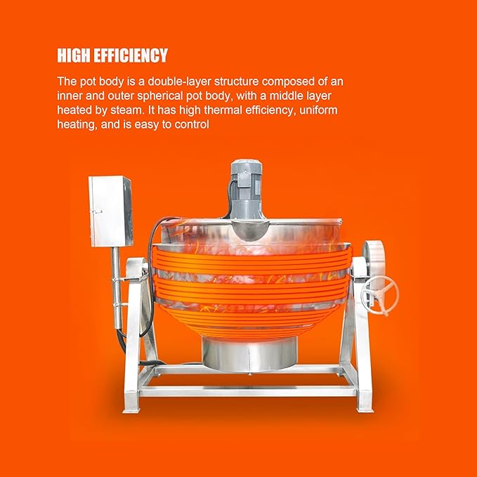 Jacketed Kettle 13.2Gallon/50L Sandwich Pot Large Electronic Tilting Sugar Jam Gas Boiling Machine Commercial Electric Jacketed Pot with Stirring and Edge Scraping 220V Three-phase 750W