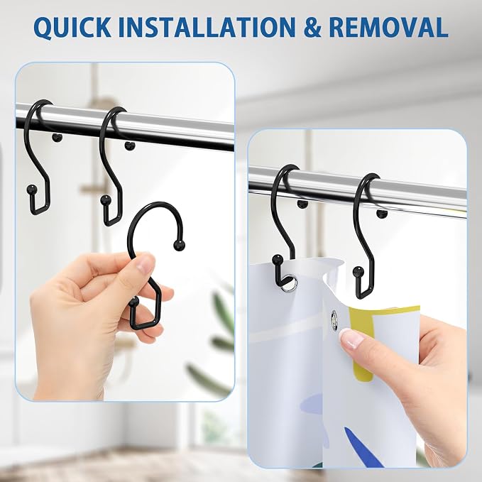Goowin Metal Black Shower Curtain Hooks Rings, S Shape Metal Shower Curtain - Image 4
