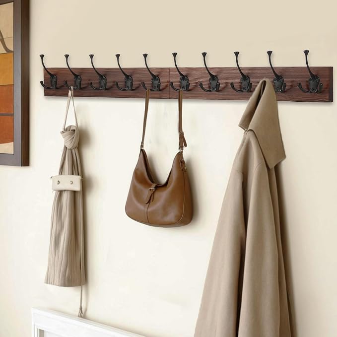 IBosins Brown Wood Wall Mounted Coat Rack, Rustic Coat Hooks Rail - Image 3