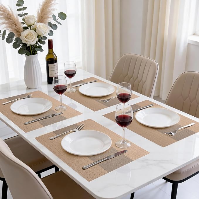 Timeet Placemats Set of 6, Heat Resistant Non-Slip Place Mats for Dining Table, Durable Washable PVC Vinyl Woven Table Mats, Resistant Kitchen Placemats Easy to Clean(Beige & Gray