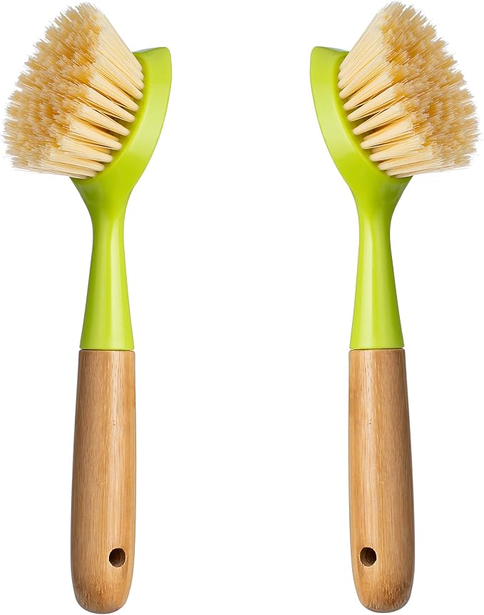 2 Pack Kitchen Dish Brush Bamboo Handle Dish Scrubber Built-in Scraper | Scrub by Songtaste