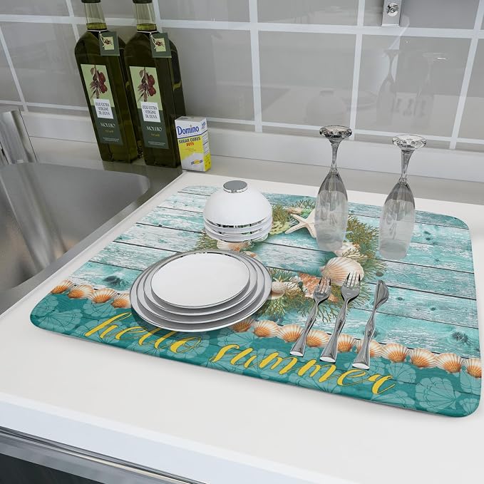 Coastal Wreath Dish Drying Mat 18x24 inch Starfish Shell Absorbent Microfiber - Image 6