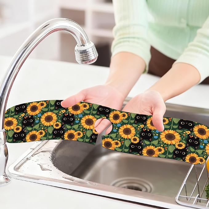 2 Pcs Black Cat Kitchen Sink Splash Guard Faucet Mat Sunflower Animals and - Image 6