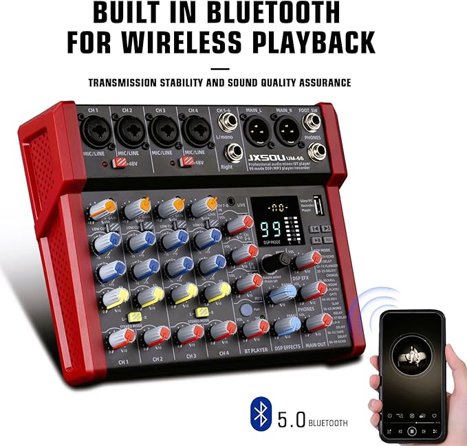 6-Channel Audio Mixer, DJ Controller Sound Board Console with 99 DSP Effects, Bluetooth Mixer Input 48V Phantom Power Stereo USB XLR Mixer For Karaoke Studio PC Recording