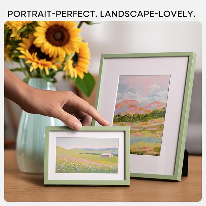 Homeforia 9x11 Sage Green Frame, High End Metal 9 x 11 Picture Frames with Mat 6 by 8 inch Photo, 9by11 Poster Frame Matted to 6x8 Art, 11x9 Wall or Tabletop Frames, Tempered Glass, Wall Kit, Set of 2