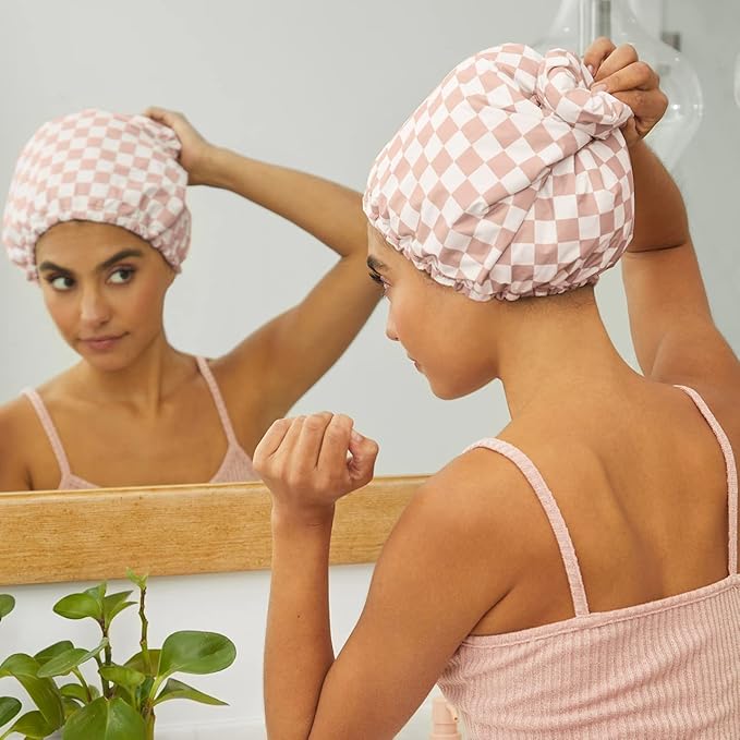 Kitsch Luxury Shower Caps for Women Reusable Waterproof - Flexi Satin Lined, Large Wide Shower Cap for Women & Men, Adjustable, Stylish Hair Cap for Shower, For Long & Short Hair - Terracotta Checker