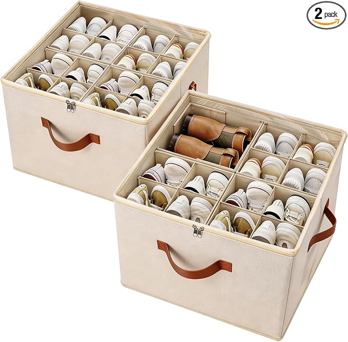  Shoe Storage Organizer 2 Pack, Fabric Stackable Shoe Box by MECINFUL