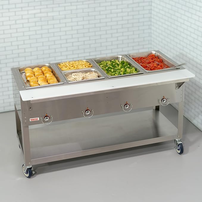 Kratos Commercial Mobile Electric Steam Table/Hot Food Table, 4 Wells, Stainless Steel, NSF 120V (28W-198)