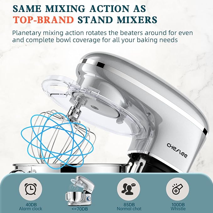 CHeflee Stand Mixer,660W 6+P With 6.5QT Stainless Steel Bowl,Dough Hook, Wire Whip & Beater,for Most Home Cooks-Silver