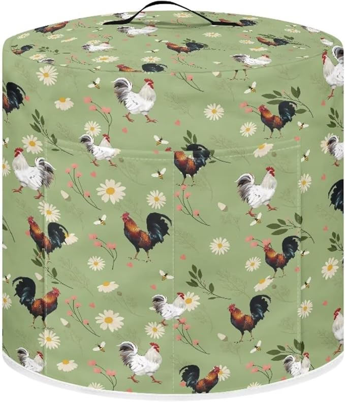 Air Fryer Dust Cover Compatible with 6 Quart Dust Protection Insulated Kitchen Appliance Cover with Top Handle & Pockets for Home Decoration, Rooster Daisy Floral Green