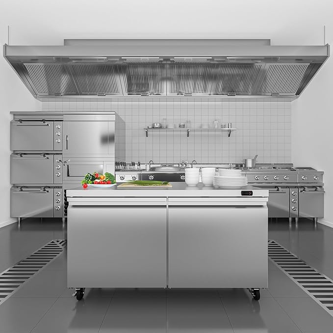 60" W Commercial Undercounter Freezer, 14.1 Cu.ft 2 Door Worktop Under Counter Freezer, Stainless Steel Commercial Kitchen Freezing Equipment for Restaurant, Bar, Shop, etc.