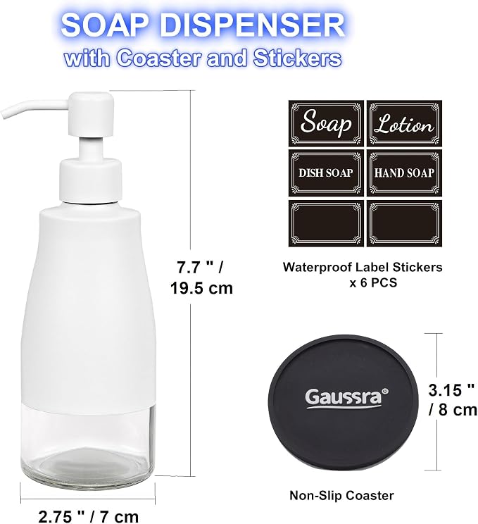Gaussra White Soap Dispenser - 11 OZ / 320 ML | Stainless Steel and Glass - Image 3