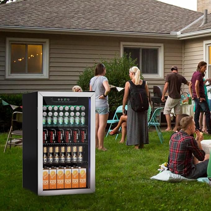3.0 Cu.ft Beverage Refrigerator Cooler, 105 Can Mini Fridge with Glass Door, Digital Temperature Display for Soda, Beer or Wine For Office Bar with Adjustable Removable Shelves