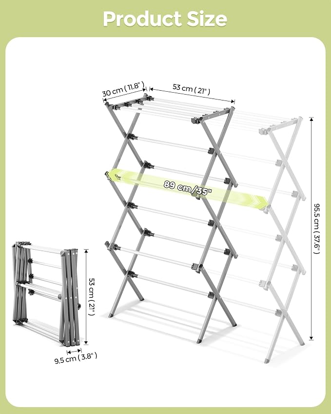 3-Tier Foldable Clothes Drying Rack, 37.6" H, Tool-free Assembly, Extendable - Image 2