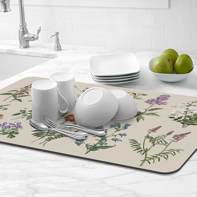 LOKHOM 17"x32" Dish Drying Mat，Vintage Sage Flower Herb Coffee Mat | Ultra - Image 9