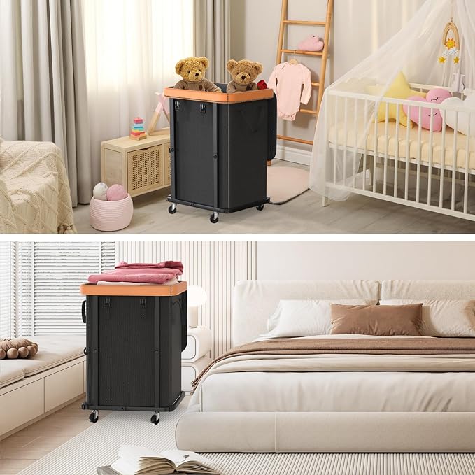 Laundry Hamper with Wheels, 150L Leather Patchwork Clothes Hamper Black - Image 7