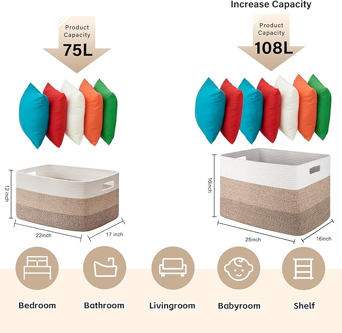 OIAHOMY Blanket Basket Laundry Basket Dog Toy Basket 108L Gradient Brown - Image 3