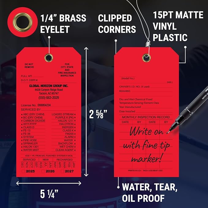 Tags 4 Less Custom Fire Extinguisher Tags – Preventative Maintenance Labels for Monthly Inspections, Alternative to Safety Sticker for Easy Record-Keeping – Pack of 100 (Red, Vinyl Plastic)