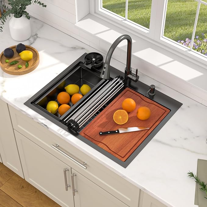 Dcolora 28 In. Black Kitchen Sink with Cup Washer, Large Single Bowl Drop In Installation, Heavy Duty 16 Gauge 304 Stainless Steel, Workstation with Valued Accessories, 28"x22"x10" #DC-T2533002BWS