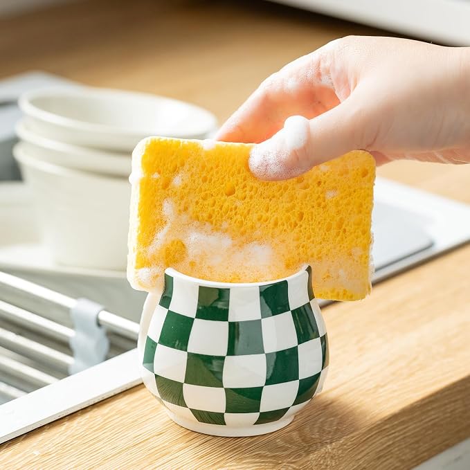 Zoeeker Kitchen Sponge Holder for Sink, Ceramic Checkered Sponge Organizer - Image 5