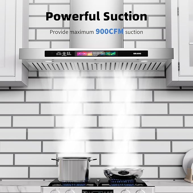 BRANO 36 Inch Wall Mount Range Hood 900 CFM with Voice/Gesture/Touch Control, Stainless Steel Ducted Kitchen Hood Vent with 4 Speed Exhaust Fan, Memory Mode, Adjustable Lights