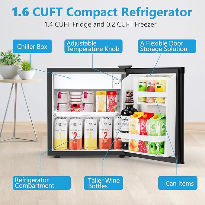 1.6 Cu.ft Mini Fridge with Freezer, Compact Single Reversible Door Refrigerator, Adjustable Thermostat, Ultra Quiet, Energy Efficient for Office, Dorm, Bedroom, Apartment -Black