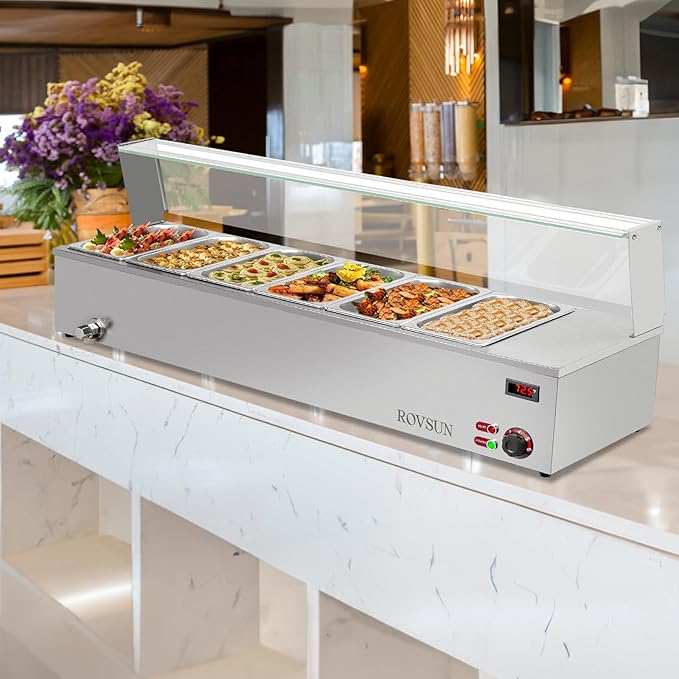 ROVSUN 48QT 1500W Electric Commercial Food Warmer, 6-Pan Steam Table 8QT/Pan Stainless Steel Bain Marie Countertop w/Acrylic Shield Temperature Control & Lid for Buffet Restaurant 110V