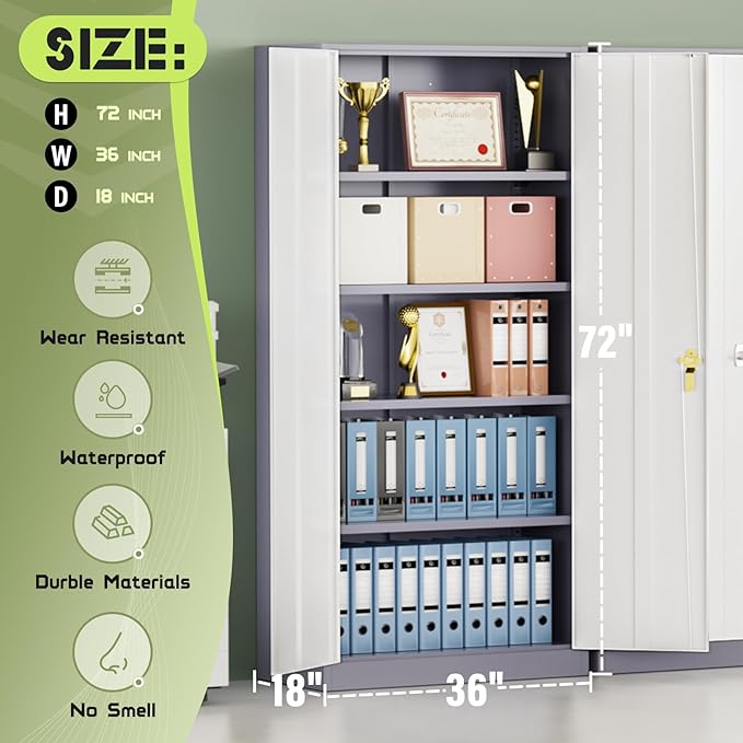 Oakmont Metal Storage Cabinet for Tool Organization, 72" Lockable Garage Storage Cabinets with 2 Doors and 4 Adjustable Shelves, Locking File Cabinet for Office, Home, School (72“ Wide-GreyWhite)