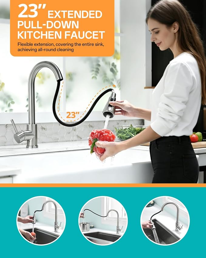 Pull-Down Kitchen Faucet, Brushed Nickel | 304 Stainless Steel, 10-Min DIY - Image 2