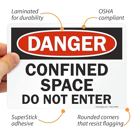 SmartSign (Pack of 4) 5 x7 inch “Danger - Confined Space, Do Not Enter” OSHA Sticker Labels, 5 mil Laminated Polyester with SuperStick Adhesive, Red, Black and White, Made in USA
