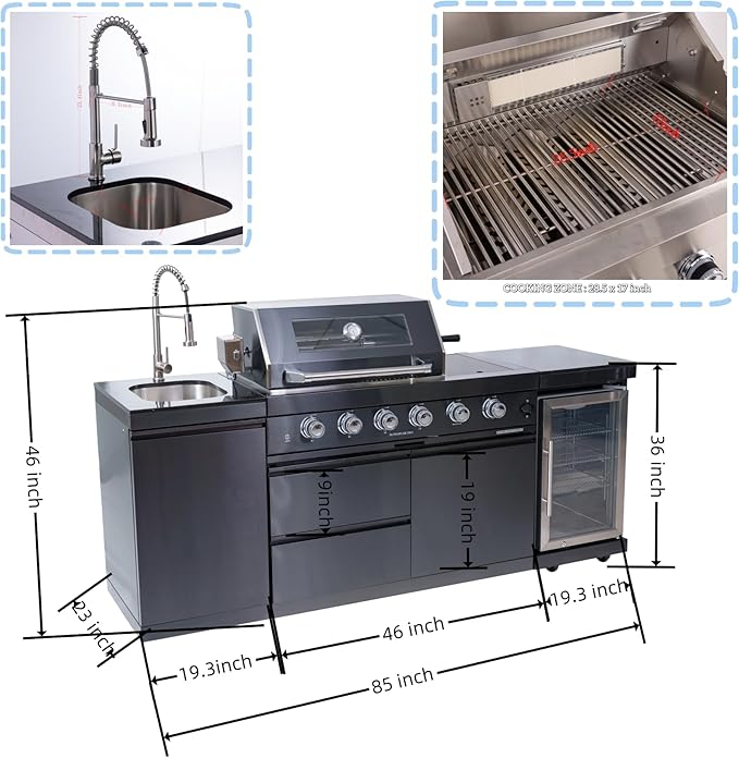 85 Inch 4-Burner 72000 BTU Natural Gas Outdoor Kitchen Island with Grill, Wine Cooler Compact Refrigerator, Rotisserie Kit, Granite Countertops, Stainless Steel Sink, Black