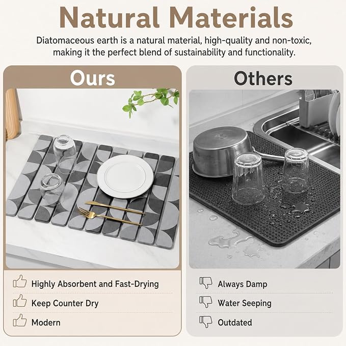 Large Stone Dish Drying Mat for Kitchen Counter, Quick Dry Diatomaceous Earth - Image 8