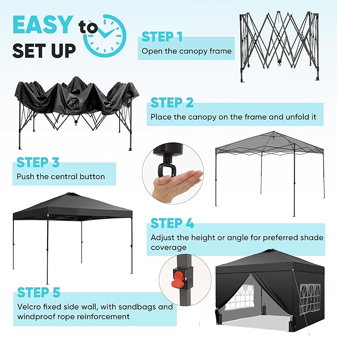 Saemoza 12x12 Pop Up Canopy Tent with One Push Setup, Portable Sun Shade Tent, Instant Easy Up Canopy with 4-Sidewalls & Wheeled Bag, Outdoor Fldable Gazebo with Vent Top, Black.