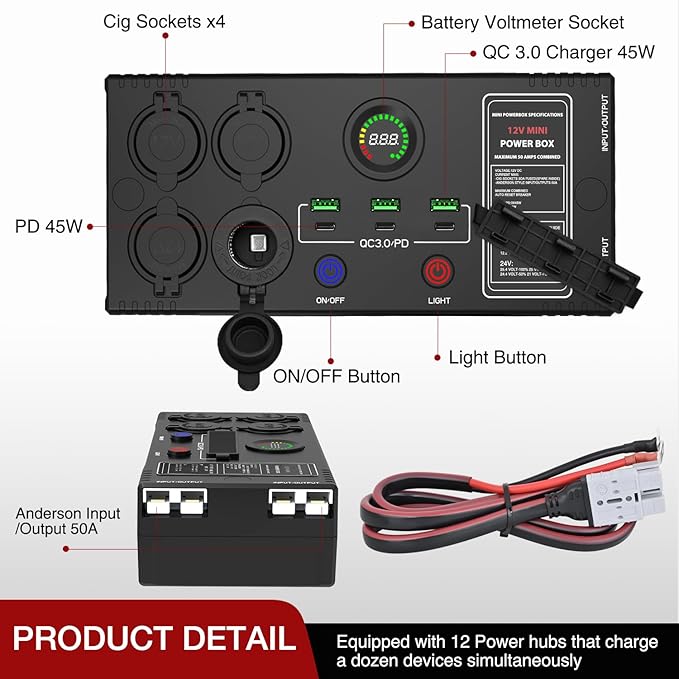 Nilight Mini Power Box 12V 24V DC Compact Design Distribution Box Plug & Play Multi Ports -2 Anderson, 3 USB, 3 USB-C, 4 Cig Sockets Perfect for Outdoors Camping Fishing RV 4Wd Caravans Emergency