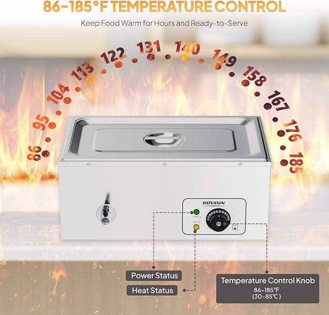 ROVSUN 21QT Electric Commercial Food Warmer, Full Pan Steam Table Stainless Steel Bain Marie Buffet Countertop with Temperature Control & Lid for Parties, Catering, Restaurants 110V