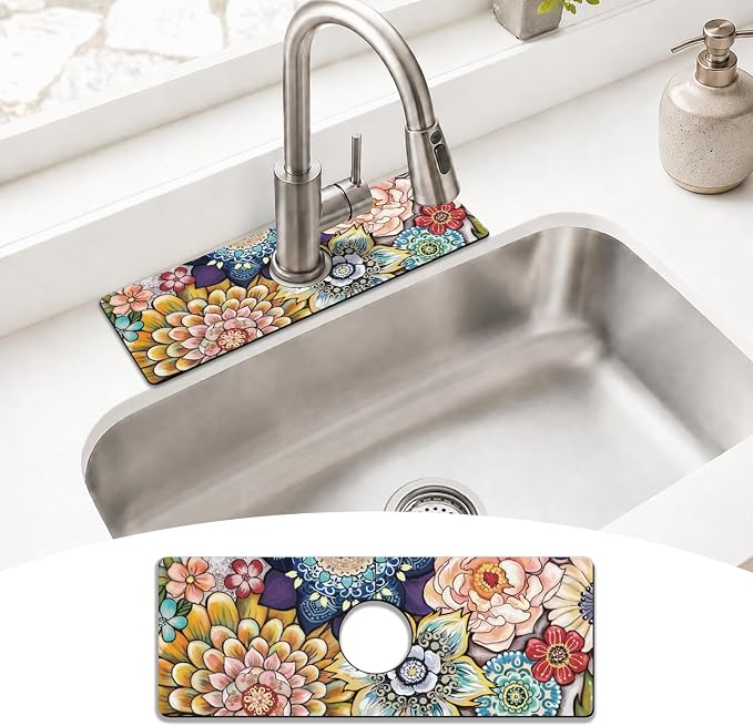 Boho Colorful Mandala Flower Kitchen Sink Splash Guard Faucet Mat, Faucet by puwbnhj
