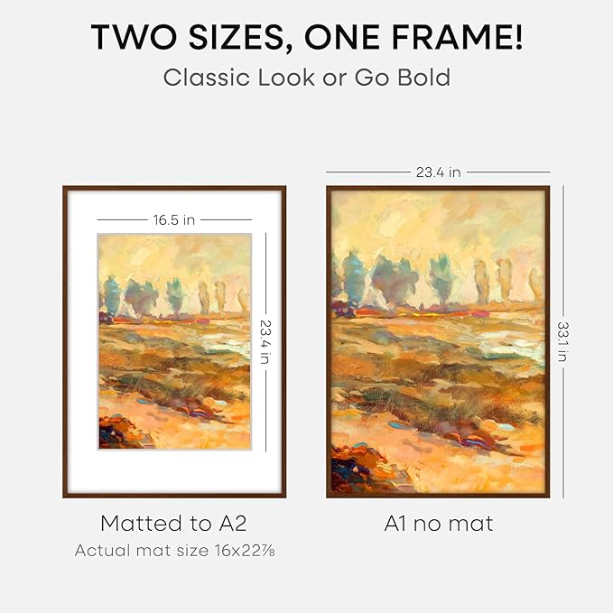 Homeforia A1 Poster Frame Brown, High End Dark Oak 23.4 x 33.1 Wooden Picture Frames Matted to 16.5 by 23.4 Photo, A1 Walnut Wood Frame with Mat A2, 23.4x33.1 Frame, Tempered Glass, Wall Kit, Set of 2