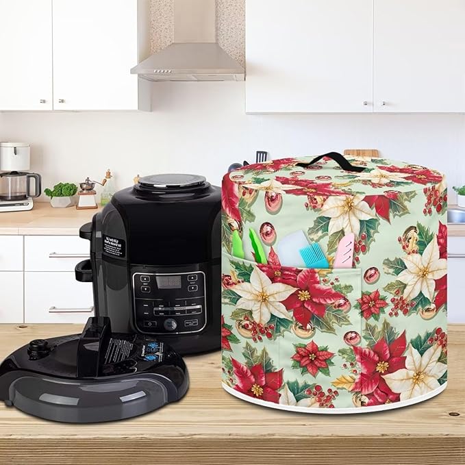 Christmas Flower Dust Cover for Kitchen Instant Pot Accessories Appliance Cover Quart Pressure Cooker Air Fryer Rice Cooker Kitchen Appliance Dust Covers with Storage Pockets Size M