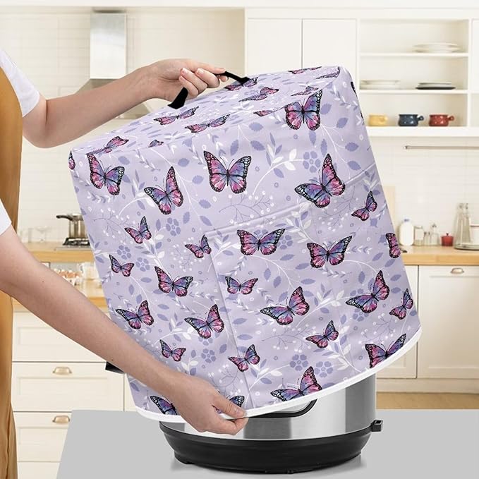 Flashideas Purple Butterfly Pressure Cooker Cover with Storage Pocket Compatible with 8 10 Quart Instant Pot, Durable Rice Cooker Air Fryer Accessories, Waterproof Kitchen Appliances Dust Cover