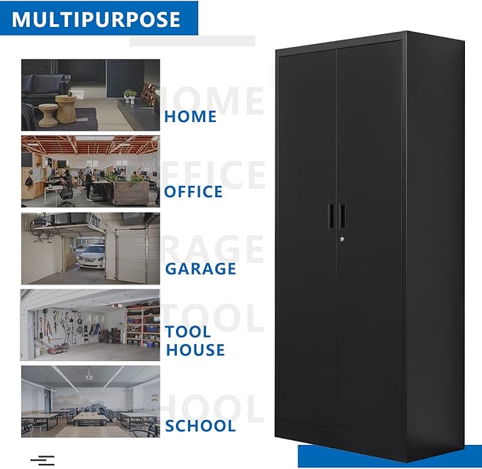 BESFUR Metal Storage Cabinet, 71" H Locking Storage Cabinet with 5 Adjustable Shelves, Metal Cabinets for Garage, Office, Home, Classroom- Black