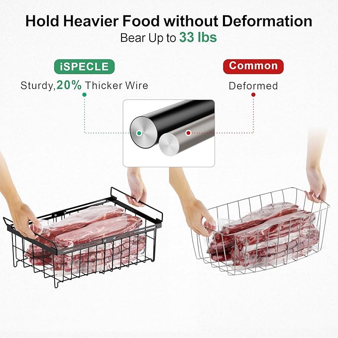 iSPECLE Freezer Organizer Bins for 10 to 20 Cu.Ft, 2 Pack Expandable Hanging Baskets Fit 17.5"-22.6" Width, Metal Wire Storage Racks for Deep Freeze, Not for Upright, Black