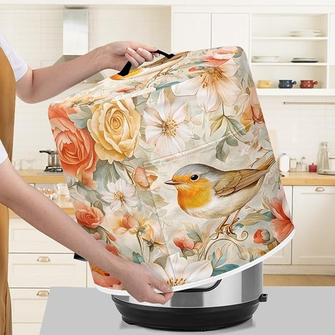 TODIYADDU Soft Floral Bird Pressure Cooker Cover with Handle Fashion Kitchen Appliance Dust Covers for Instant Pot Portable Air Fryer Dust Cover Round Protective Cover Bag Trendy Home Decor Gifts, S