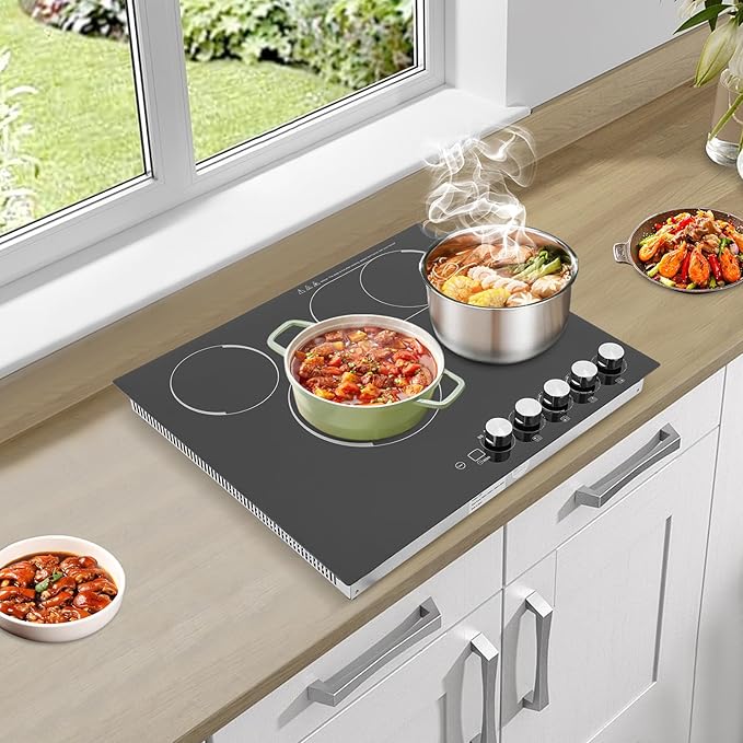 4 Burner Electric Cooktop, 3400W 110V Electric Stove Countertop, 5 Heating Level, Child Lock, Timer, Knob Control, Ceramic Built-in Stove Top, Hard Wire, No Plug