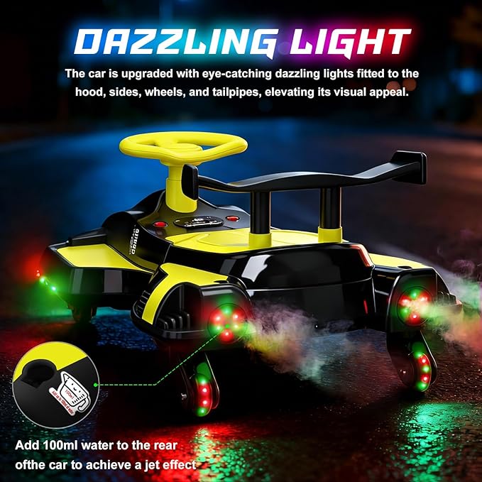 12V Electric Wiggle Car Ride On Toy, Swing Car with Pedal, for Kids from Ages 3 and Up, Birthday Gifts for Boys and Girls, Anti-Rollover, Flashing Wheels, Bluetooth (BlackYellow)