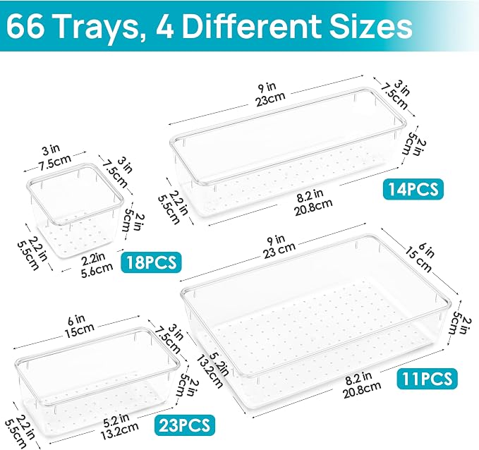 Vtopmart 66 PCS Clear Plastic Drawer Organizers Set, Vanity Organizer Trays | - Image 6