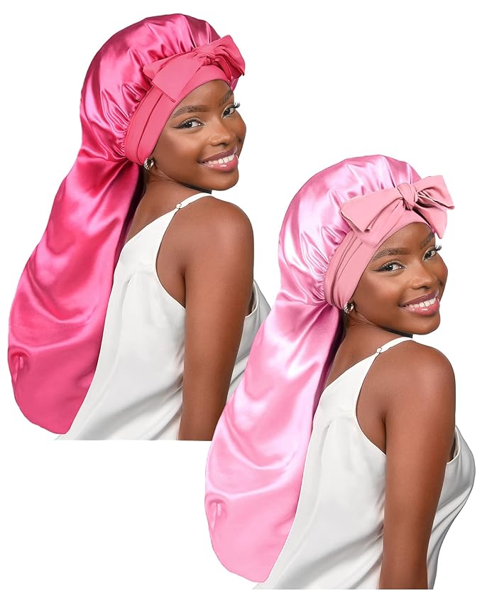 YANIBEST 2Pcs Silk Bonnet for Sleeping Braid Bonnet for Long Hair with Tie Band for Black Women Curly Hair Locs,Hot Pink&Pink