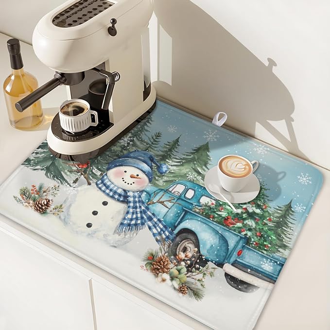 Giwawa Winter Snowman Blue Dish Drying Mat Xmas Truck Dishes Pad 18"x24" - Image 7