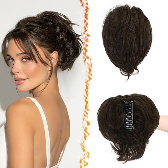 BARSDAR Claw Clip Short Human Hair Ponytail Extension with Bendable Metals - DIY Styles 8 Inch Real Human Hair Black Brown Messy Bun Hairpieces for Women - Thick Natural Short Ponytail Daily