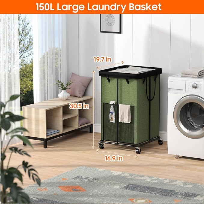Laundry Hamper with Wheels, 150L Rolling Laundry Basket with Bag & Handles - Image 2
