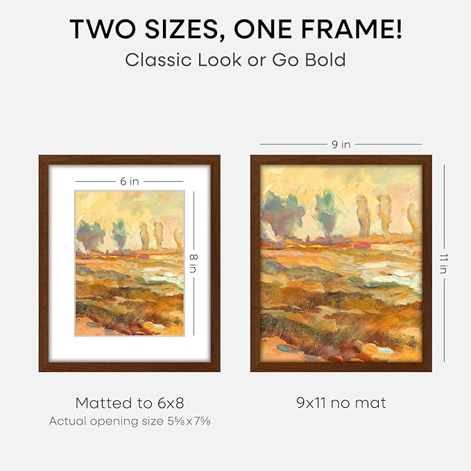 Homeforia 9x11 Picture Frame Brown, High End Dark Oak 9 x 11 Walnut Wooden Frames with Mat 6 by 8 Photo, 11x9 Wood Frame Matted to 6x8 Print, Wall or Tabletop Frame, Tempered Glass, Wall Kit, Set of 3